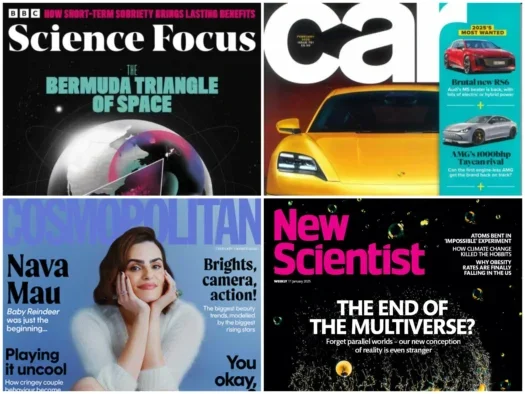 Recent magazine covers for BBC Science Focus, Car, Cosmopolitan and New Scientist, to illustrate ABC digital magazine figures story