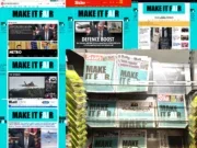 A composite image showing a newsstand with copies of UK newspapers mostly bearing 'Make it Fair' branding, reflecting their support for a campaign against the UK government's proposals to create an opt-out copyright model for AI companies scraping data from the internet. The newsstand is depicted alongside screenshots of several news sites' home pages, which are also taken over by the campaign.