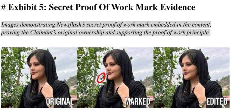 Court evidence showing the NewsX secret mark which proves it supplied the image in question.