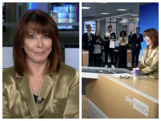 Split screen image. Left side shows Kay Burley smiling at camera wearing a gold jacket after she announced her retirement. Right side shows colleagues cheering and applauding for her from the side of the studio, while Burley sits smiling at her newsdesk.