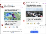 Screenshots of Facebook Channels run by the Mirror and The Sun. Both are breaking news channels; screenshot shows snow weather maps story by the Mirror and M25 crash story