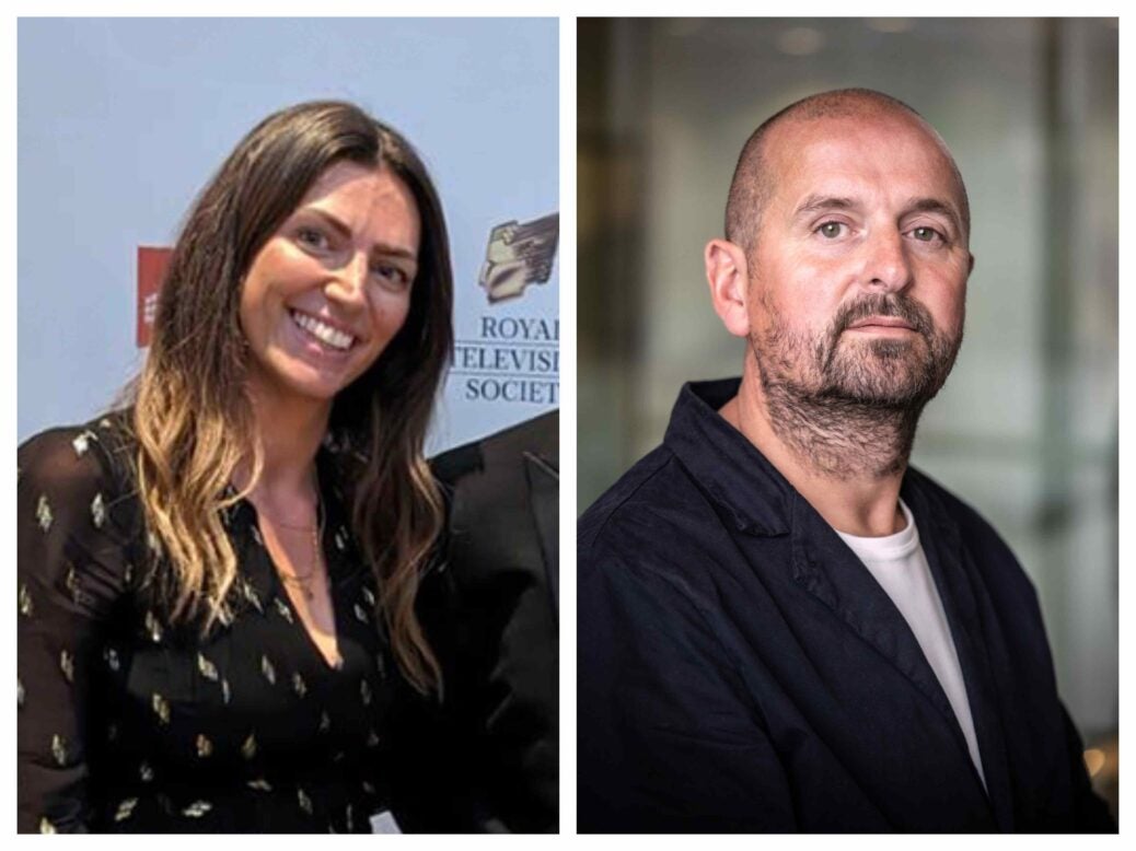 Split picture of Emma Sullivan in front of an awards ceremony backdrop, and headshot of Richard Furness with blurred backdrop. Newly appointed co-CEOs of Tortoise Media including The Observer