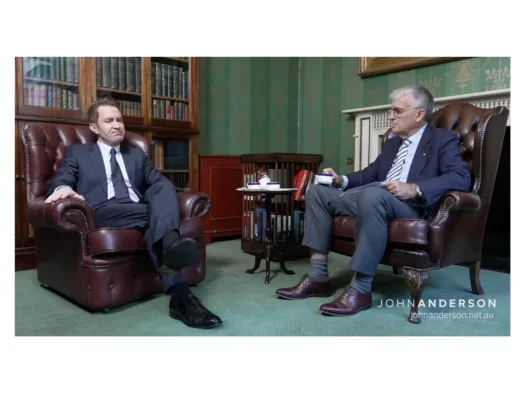 Douglas Murray (left) sits down with former Australian deputy prime minister John Anderson (right) in the 2023 interview at the centre of Murray's libel claim against Guardian News and Media.