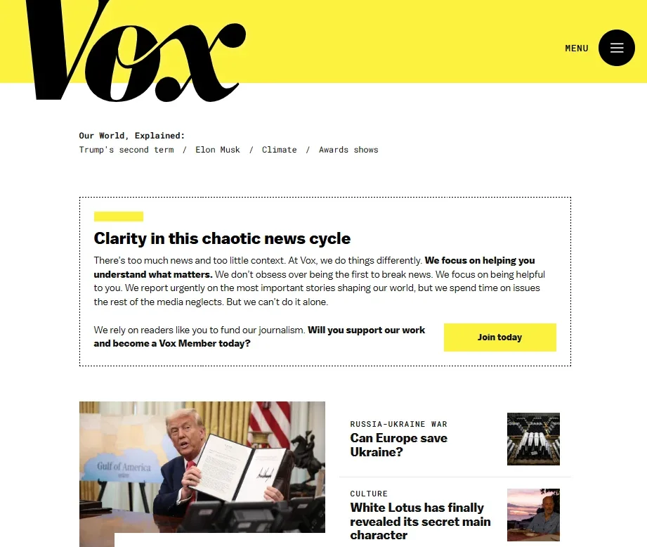 Vox homepage with membership appeal at top above Trump lead story about the president 'shredding the First Amendment'