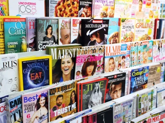 Magazines on display in a store, illustrating an article about the highest-circulation magazines in the US according to the Alliance for Audited Media.