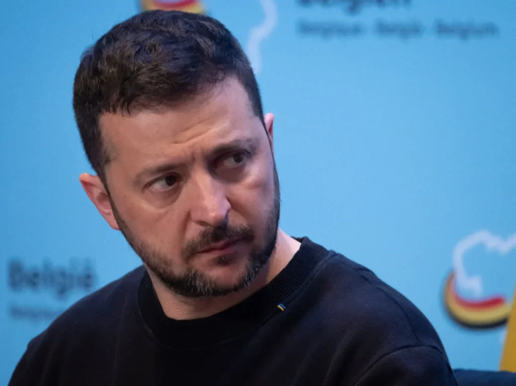 Ukrainian President Volodymyr Zelenskyy is seen at a joint press conference with Belgian Prime Minister Alexander De Croo (not pictured) at the Prime Minister's Residence in Brussels, Begium on May 28, 2024.