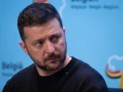 Ukrainian President Volodymyr Zelenskyy is seen at a joint press conference with Belgian Prime Minister Alexander De Croo (not pictured) at the Prime Minister's Residence in Brussels, Begium on May 28, 2024.