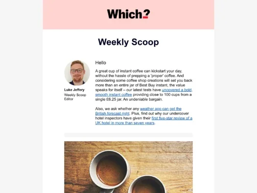 Top of Which? Weekly Scoop newsletter with intro and picture of coffee cups