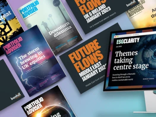 Magazine covers and websites for several Bonhill publications acquired by Mark Allen Group including Portfolio Adviser and ESG Clarity