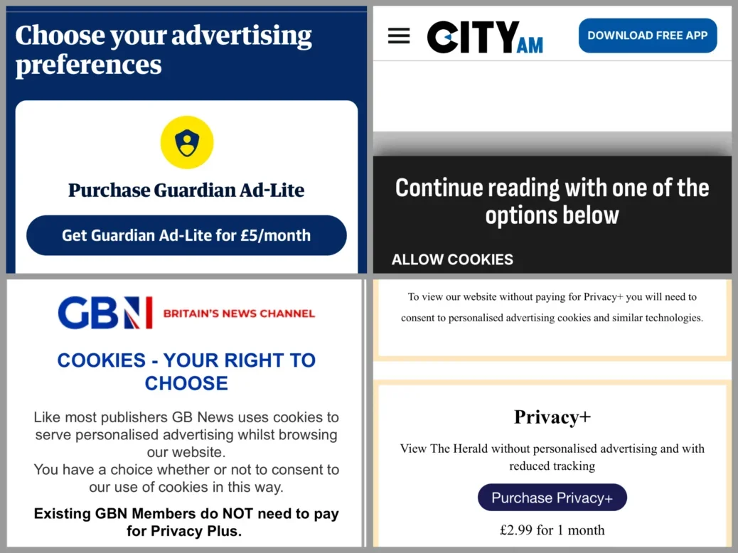 Consent or pay pop-ups from The Guardian, City AM, GB News and Newsquest's Herald in Scotland. Screenshots: Press Gazette