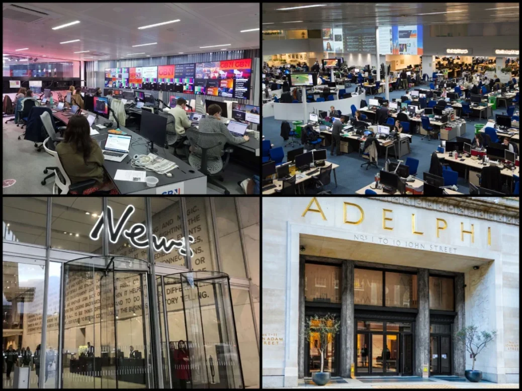 Montage image of four UK media offices: top two images show inside GB News and Telegraph newsrooms with rows of desks. Bottom right is outside of a grand-looking building with Adelphi embossed over doorway. And bottom left is more modern glass doorway with 'News' written over the top.