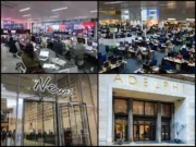 Montage image of four UK media offices: top two images show inside GB News and Telegraph newsrooms with rows of desks. Bottom right is outside of a grand-looking building with Adelphi embossed over doorway. And bottom left is more modern glass doorway with 'News' written over the top.