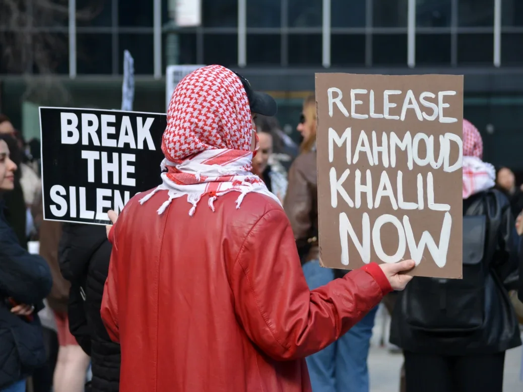 NEW YORK, NEW YORK USA - March 12, 2025: Rally outside a federal courthouse in support of the release of student activist Mahmoud Khalil in Manhattan. Picture: Christopher Penler/Shutterstock