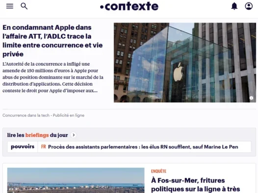 Homepage of Contexte on 1 April 2025. Headlines in French. Top story about Apple.