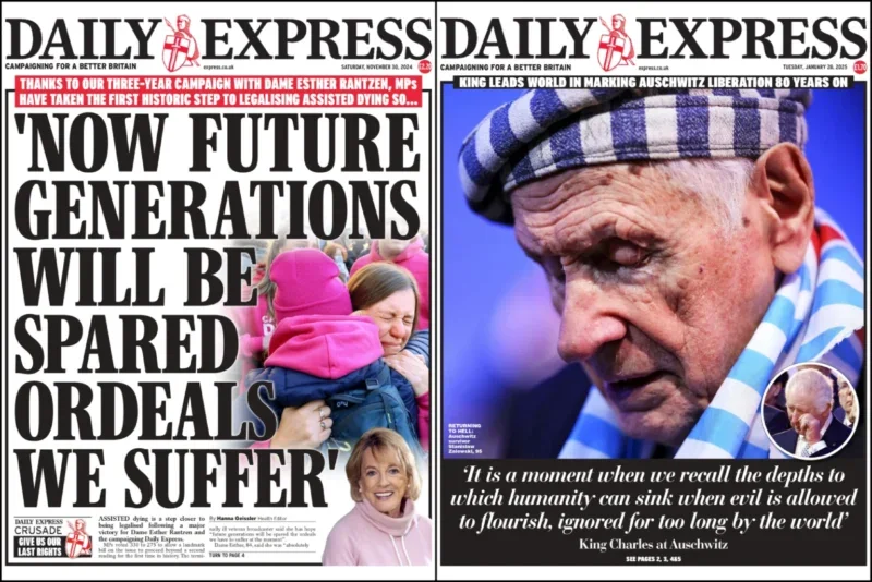 Two of editor Tom Hunt's favourite Express front pages since he became editor, relating to Holocaust commemorations and the assisted dying campaign