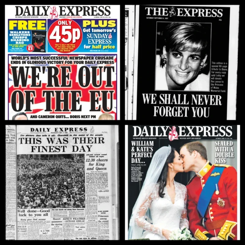 A mixture of older Express front pages: Its Brexit splash, Diana's death, William and Kate's wedding, and a World War Two splash