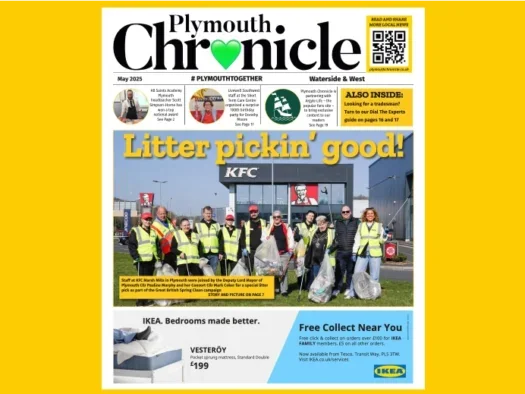The cover of the Waterside & West edition of the Plymouth Chronicle for May 2025, taken from the e-reader on its website.