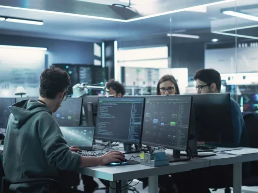 Men and women in an open plan office sitting behind computers