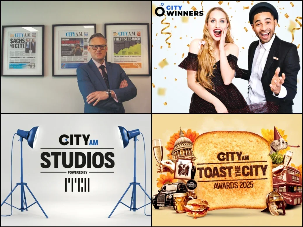 City AM images clockwise from top left: CEO Harry Owen and promo images for prizes platform City Winners, Toast The City Awards, and video production hub City AM Studios. Pictures: City AM