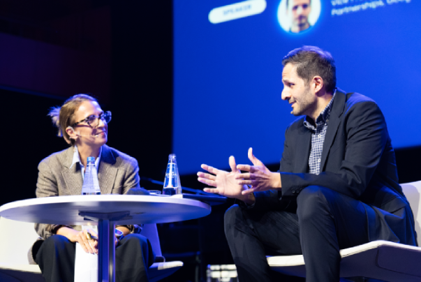 Google vice president of news partnerships Jaffer Zaidi being interviewed on stage at the WAN-IFRA World News Media Congress 2025 by Patty Michalski, Hearst News SVP content and innovation. Picture: WAN-IFRA