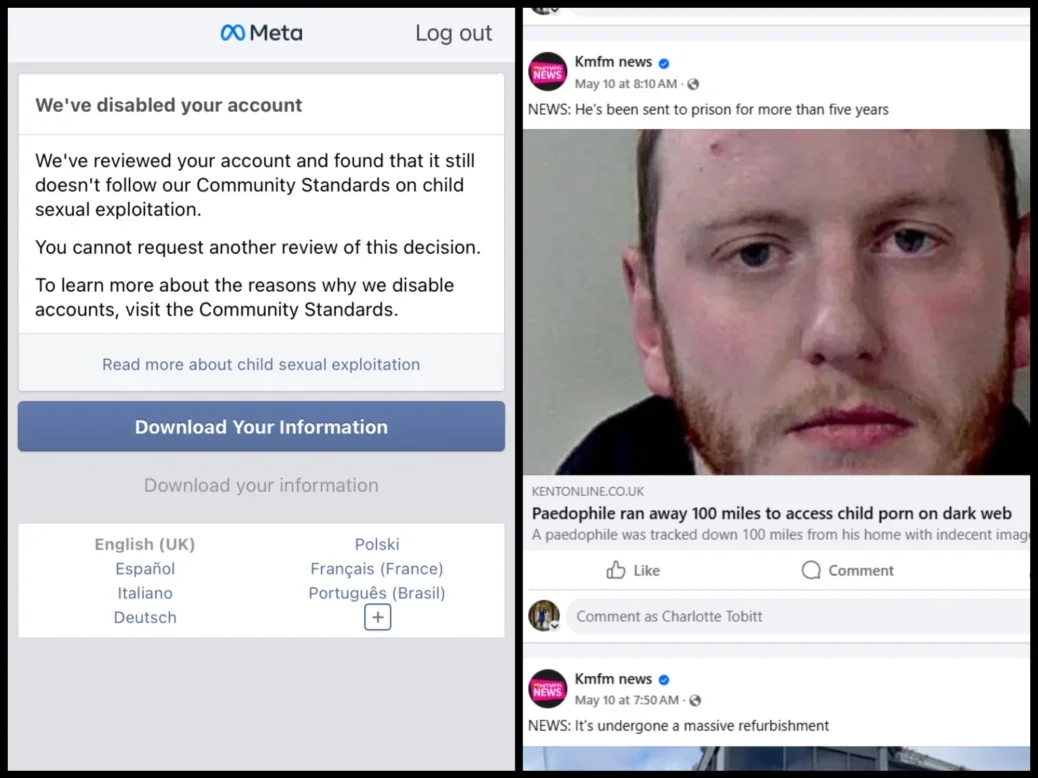 Left, the message shown to local news journalist Kate Faulkner when she tries to log into Facebook telling her she is still in breach of community standards. Right, the sex offender story post that resulted in the bans, with a large image of his face.
