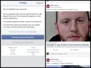 Left, the message shown to local news journalist Kate Faulkner when she tries to log into Facebook telling her she is still in breach of community standards. Right, the sex offender story post that resulted in the bans, with a large image of his face.