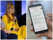 Mail director of SEO Carly Steven at Press Gazette's Future of Media Technology Conference in September 2024 and a phone showing a Google AI Overview. Pictures: ASV Photography/Press Gazette and Shutterstock/Marco Lazzarini