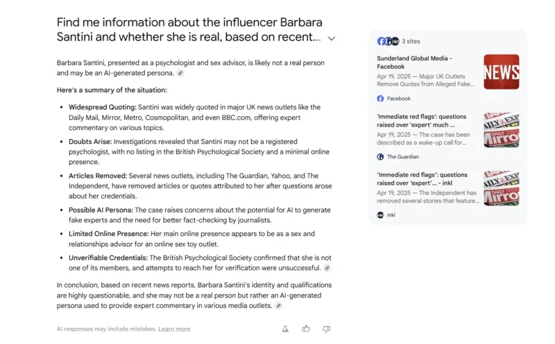 Google AI Mode answer to question referring to original Press Gazette reporting