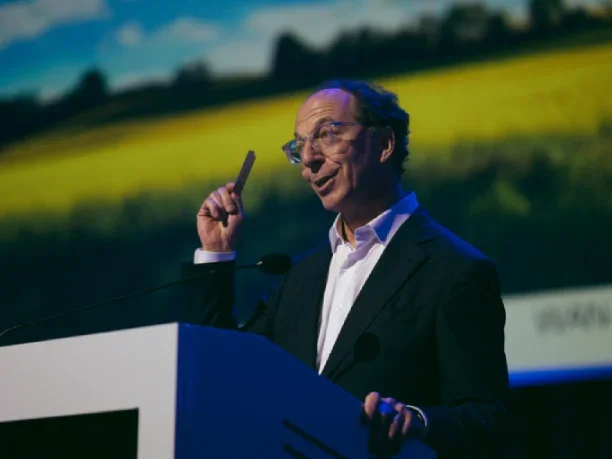 OpenAI’s chief of intellectual property and content Tom Rubin speaking at the WAN-IFRA World News Media Congress in Krakow on 6 May 2025 speaking about ChatGPT search on stage with clicker in hand