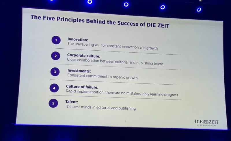 Presentation screen above stage showing five principles of success