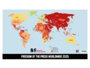 The Reporters Without Borders World Press Freedom Index map for 2025. It's a lot of red and orange, with a smattering of green in northern Europe. Picture: RSF