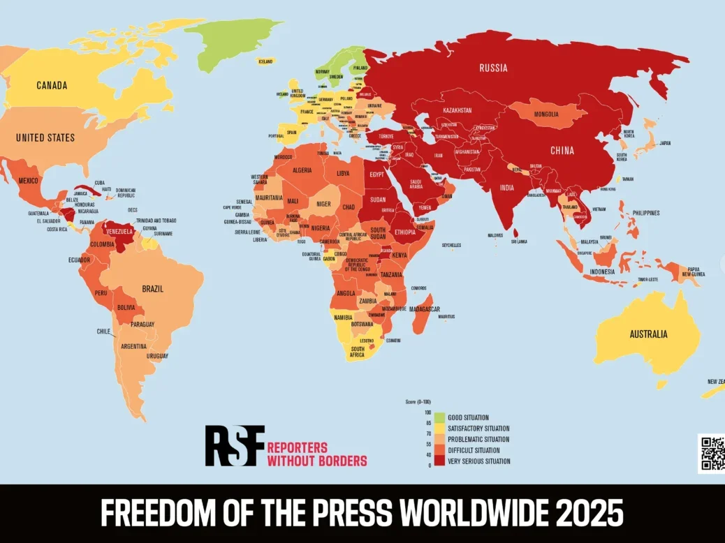 The Reporters Without Borders World Press Freedom Index map for 2025. It's a lot of red and orange, with a smattering of green in northern Europe. Picture: RSF