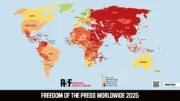 The Reporters Without Borders World Press Freedom Index map for 2025. It's a lot of red and orange, with a smattering of green in northern Europe. Picture: RSF