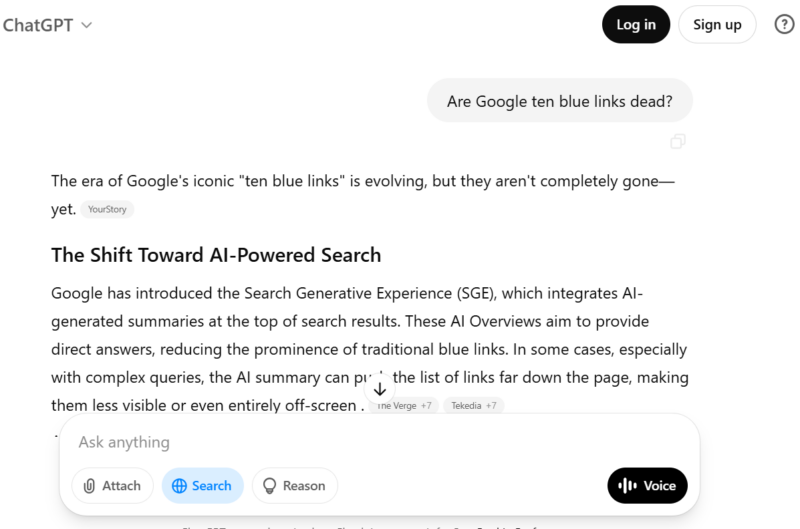 ChatGPT search response about Google ten blue links with end-of-paragraph attribution to The Verge and others shown.