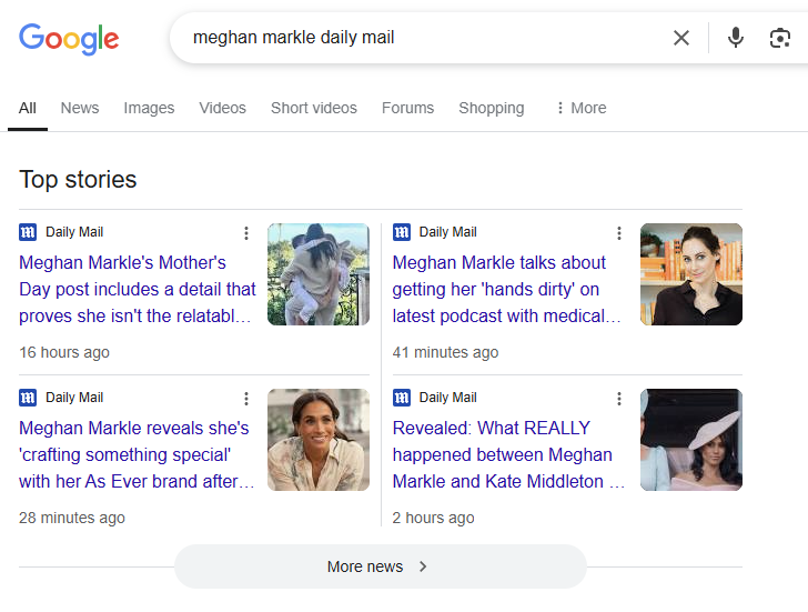 Search for 'Meghan Markle Daily Mail' on Google on 13 May 2025