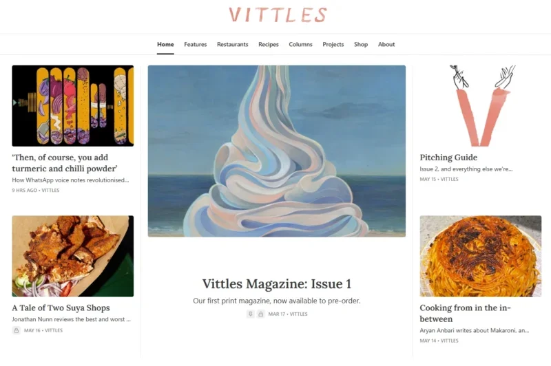 Screenshot of Vittles Substack homepage on 19 May 2025