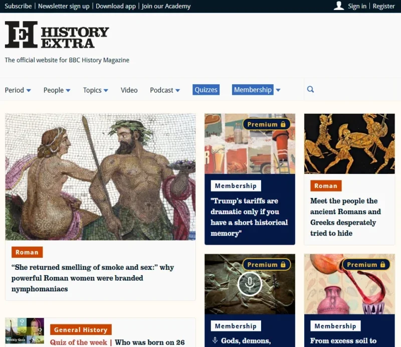 HistoryExtra website homepage on 27 May 2025 - mix of free and membership articles