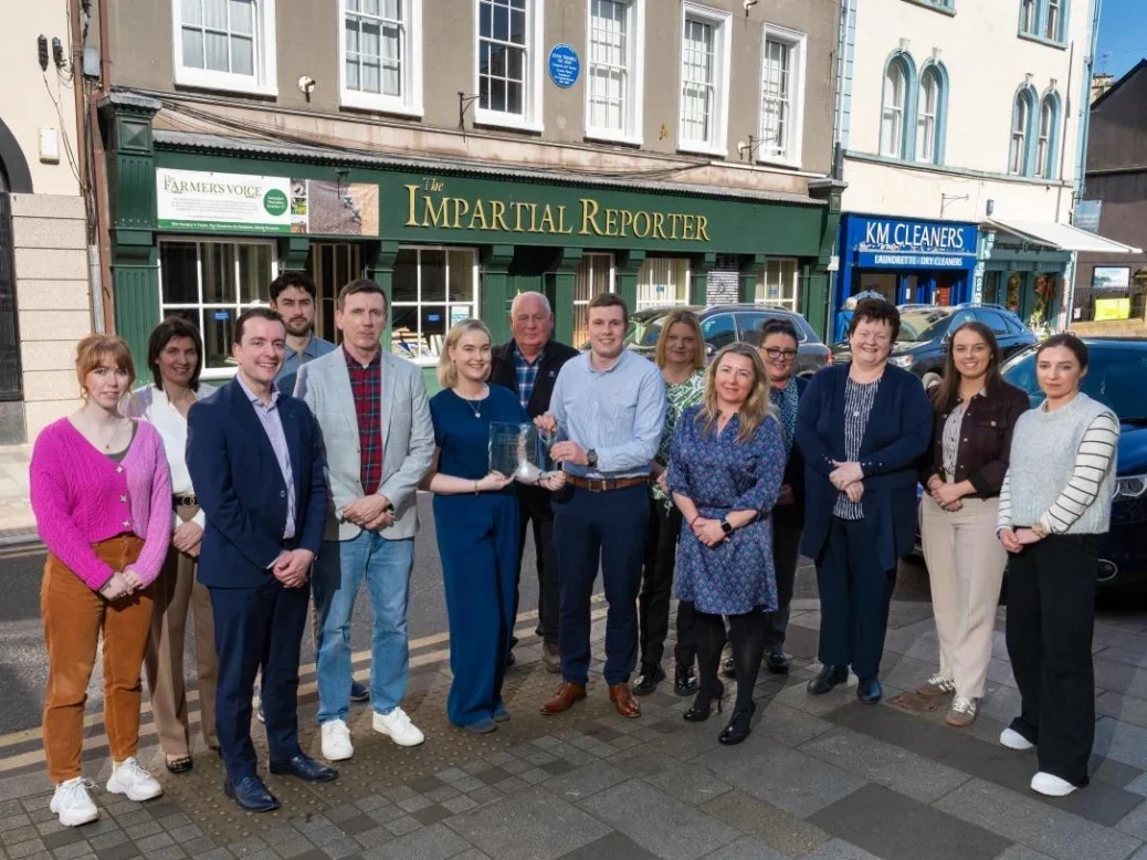 The staff of The Impartial Reporter stand in front of their office in Enniskillen, Fermanagh. Left to right: Jasmin Walls, Heather McDaniel, Rodney Edwards, Editor, Fionn Nolan, Shane Dillon, Victoria Johnston, John McVitty, William Smith, Katherine Hardy, June Clarke, Advertising Manger, Karen McCabe, Pamela Dunn Stephanie Wiggins and Victoria Ellingson (Image: Ronan McGrade)