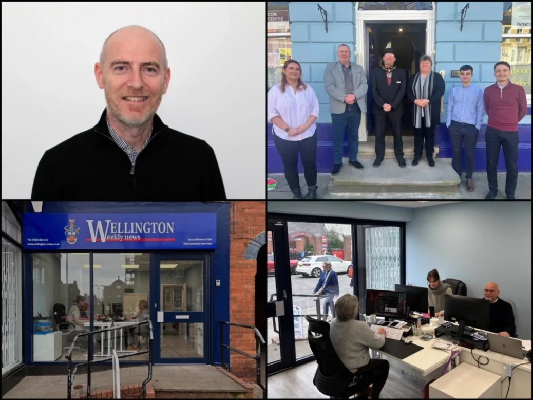Clockwise from top left: Tindle Newspapers managing director Scott Wood; Brecon and Radnor Express staff (sales team Ella Young and Nigel Morrell and journalists Liz Davies, Joe Corrick and Luke Williams) outside their office with Mayor Cllr John Powell; and the inside and outside of the refurbished Wellington Weekly News office