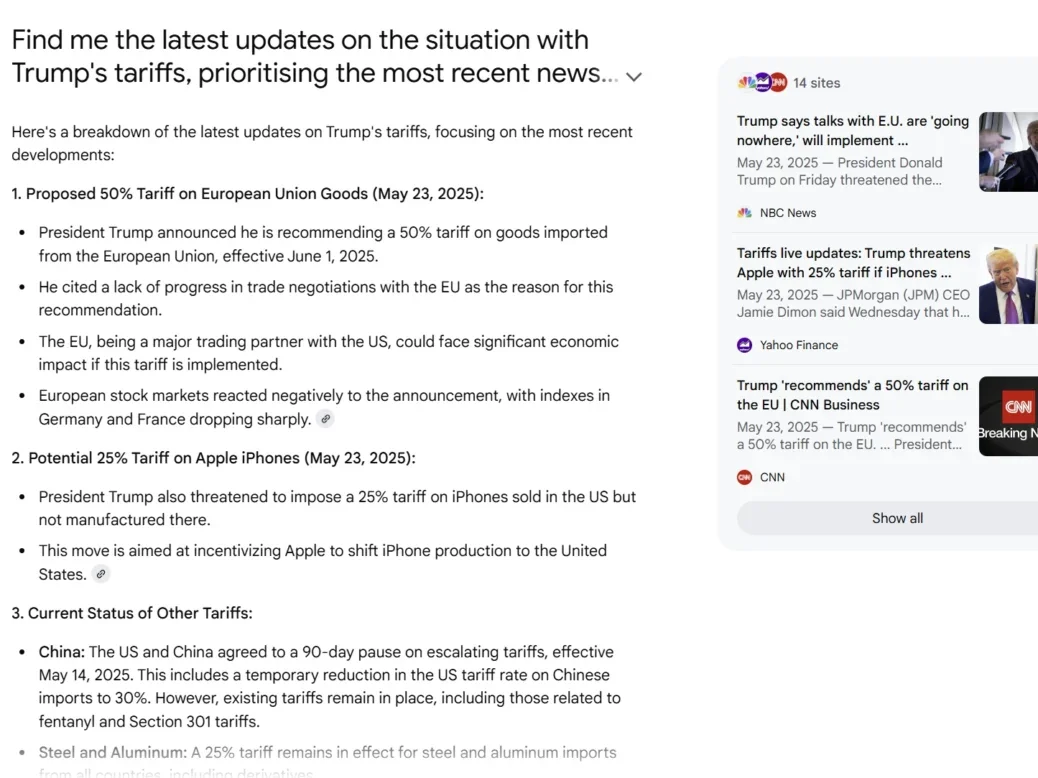 Example of Google AI Mode answer about Trump tariffs in May 2025