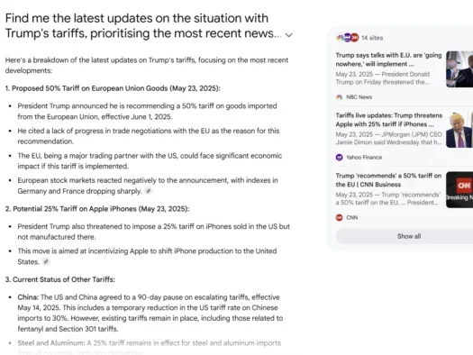 Google AI Mode is undermining original journalism Example of Google AI Mode answer about Trump tariffs