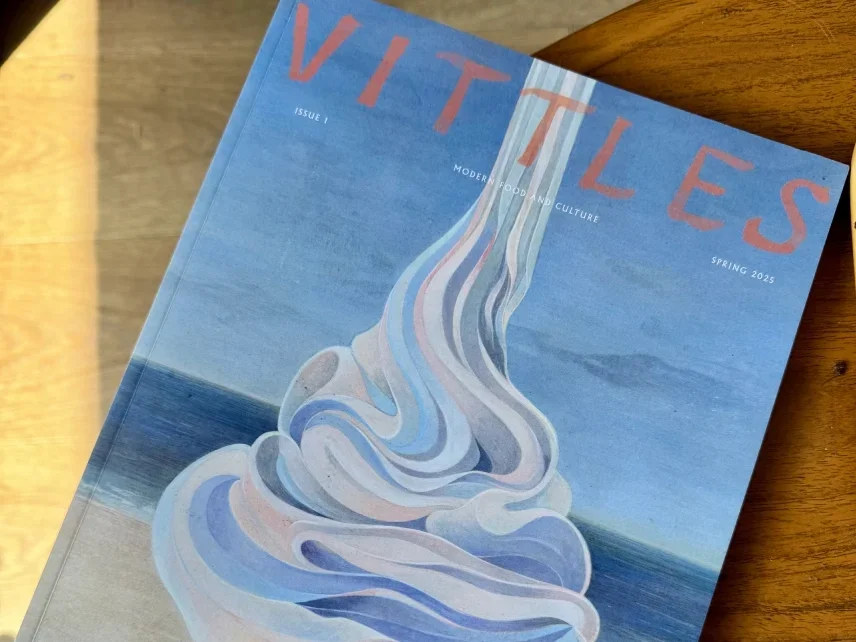 Front cover of Vittles magazine sitting on a wooden table. The cover has a seaside background in a painted style with beach, sea and sky with a massive Mr Whippy style ice cream in the foreground