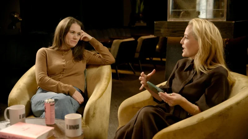 Charlotte Owen interviewing actress Gillian Anderson for Bustle's One Nightstand series. Picture: Bustle