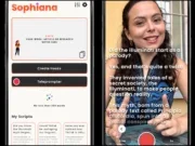 Two phone screenshots, one of the Sophiana app with a box for people to paste 'your work, article or research notes here' to start creating an AI script, and one of Sophia Smith Galer reading off a teleprompter screen