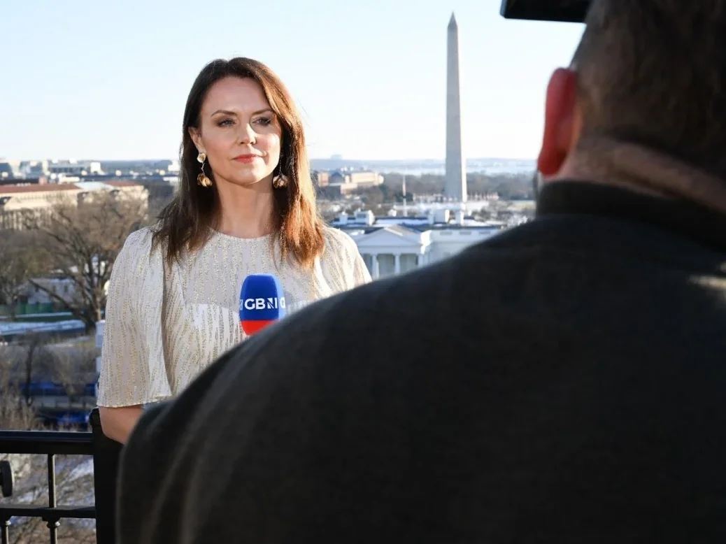GB News presenter Bev Turner on air from Washington DC during the US election in 2024. Picture: GB News