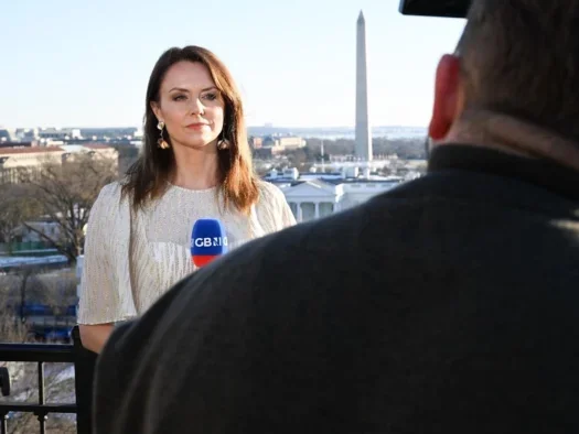 GB News presenter Bev Turner on air from Washington DC during the US election in 2024. Picture: GB News