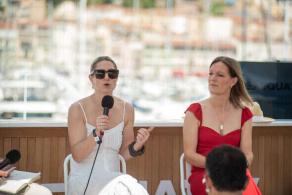 Sam Mellor and Sarah Jones speaking at the Cannes festival 2025. Picture: Equativ