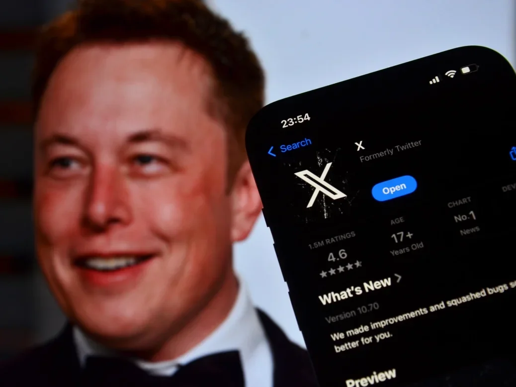 Picture of X owner Elon Musk superimposed next to a phone screen showing X in the App Store