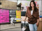 A Betches UK billboard advert covered in the @BetchesUK handle in London, with a man walking past turning his neck to read it, and Betches chief executive and founder Aleen Dreksler standing in an office