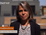 Observer journalist Chloe Hadjimatheou doing a piece to camera with her name and job title (investigative reporter, The Observer) at the bottom of the screenshot